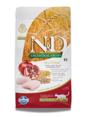 alimento n&d ancestral grain de frango e romã para gato esterilizado 1,5kg
