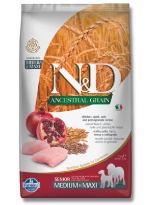 Alimento N&D Ancestral Grain de Frango e Romã Para Cão Sénior Médio/ Maxi 2.5kg