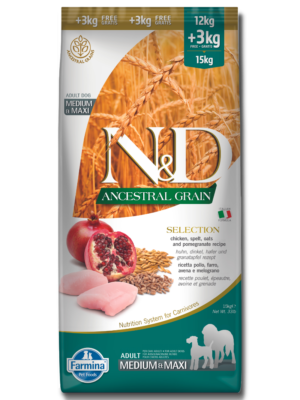 Alimento N&D Ancestral Grain Frango e Romã para Cão Médio/Maxi 12 + 3kg