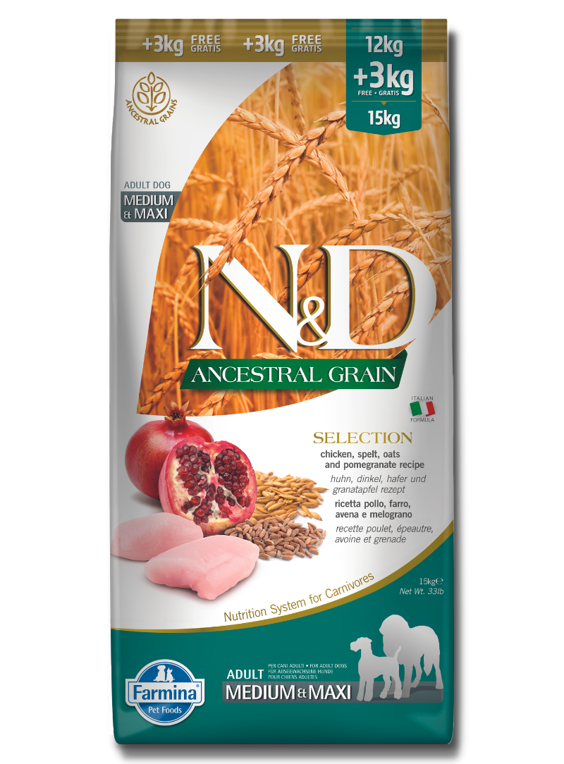 Alimento N&D Ancestral Grain Frango e Romã para Cão Médio/Maxi 12 + 3kg
