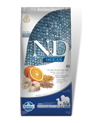 Alimento N&D Ocean de Bacalhau, Espelta, Aveia e Laranja para Cão Médio/ Maxi 12kg